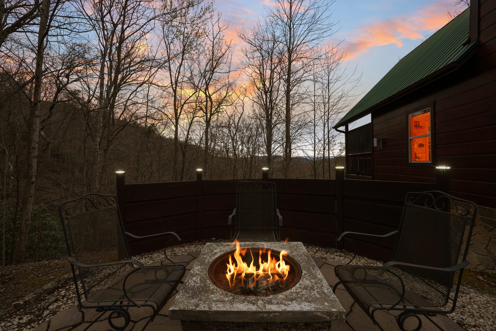 Wood-burning firepit at dusk