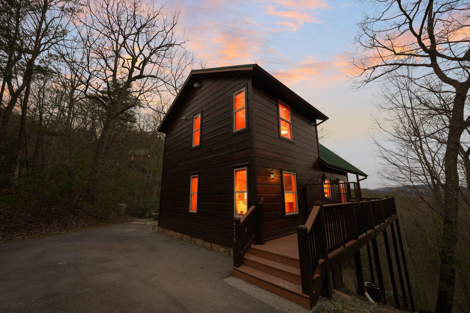 Cabin glowing at twilight